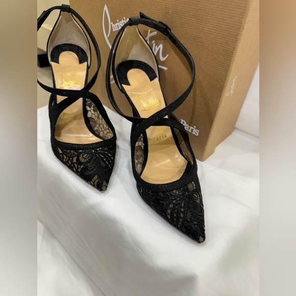 CHRISTIAN LOUBOUTIN TWISTISSIMA BLACK LACE LEATHER HEELS PUMPS. USED! - Picture 4 of 6